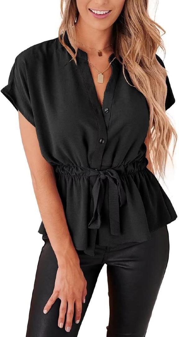 Women's Button Down Blouses Casual Peplum Summer Tops Dressy Chiffon Work Blouse (Large, Black)