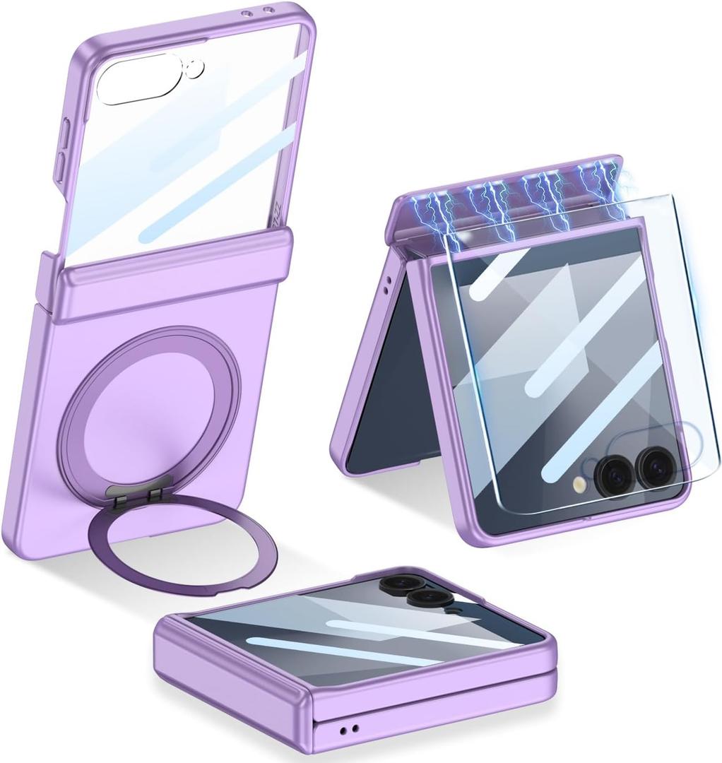 Magnetic Case for Samsung Galaxy Z Flip 7 with & Ring Kickstand & Screen Protector & Magnetic Hinge Protection, [Support Wireless Charging ] Slim Hard PC Shockproof Cover for Galaxy Z Flip 7 (Purple)