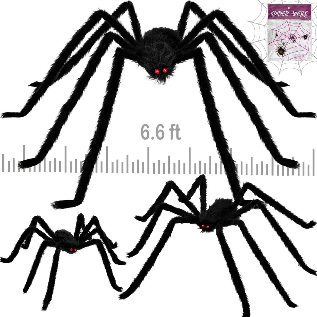 Colovis 3 Pack Halloween Giant Spider Decoration Set, Realistic 6.6FT/5FT/3FT Large Scary Black Hairy Spider Props for Indoor, Outdoor Yard, Party, Haunted House Decor