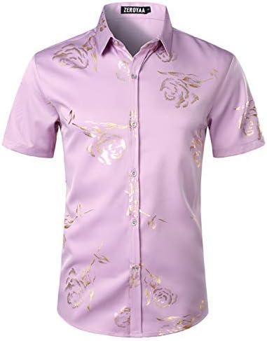 ZEROYAA Mens Hipster Gold Rose Printed Slim Fit Short Sleeve Button Down Dress Shirts M