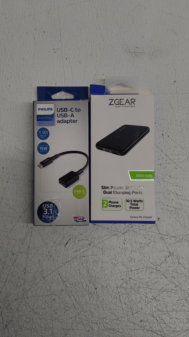 Usbc to USB a adapter By Philips and Zgear Slim Power Bank Brick With Dual Charging Points.