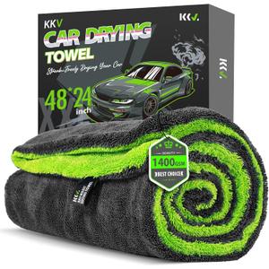 KKV Full-Sized SUV Drying Towel, 48x24 Dual Sided Microfiber Car Cleaning Towel with Twisting Yarn Technique, 1400GSM Super Absorbent, Scratch-Free, Machine Washable (Dark Gray-Green Yellow)
