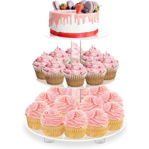 YestBuy 3 Tier Round Cupcake Stand with Base, Acrylic Cake Stand, Cupcake Tower Stand, Premium Cupcake Holder for 23 Cupcakes, Display for Pastry Wedding Birthday Party (4" Between 2 Layers)