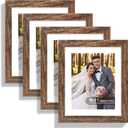 9x11 Picture Frame Set of 4, Made of Real Glass and Rustic Brown Frame - Display Picture 7x9 with Mat or 9x11 Without Mat, 9 by 11 Photo for Wall or Tabletop