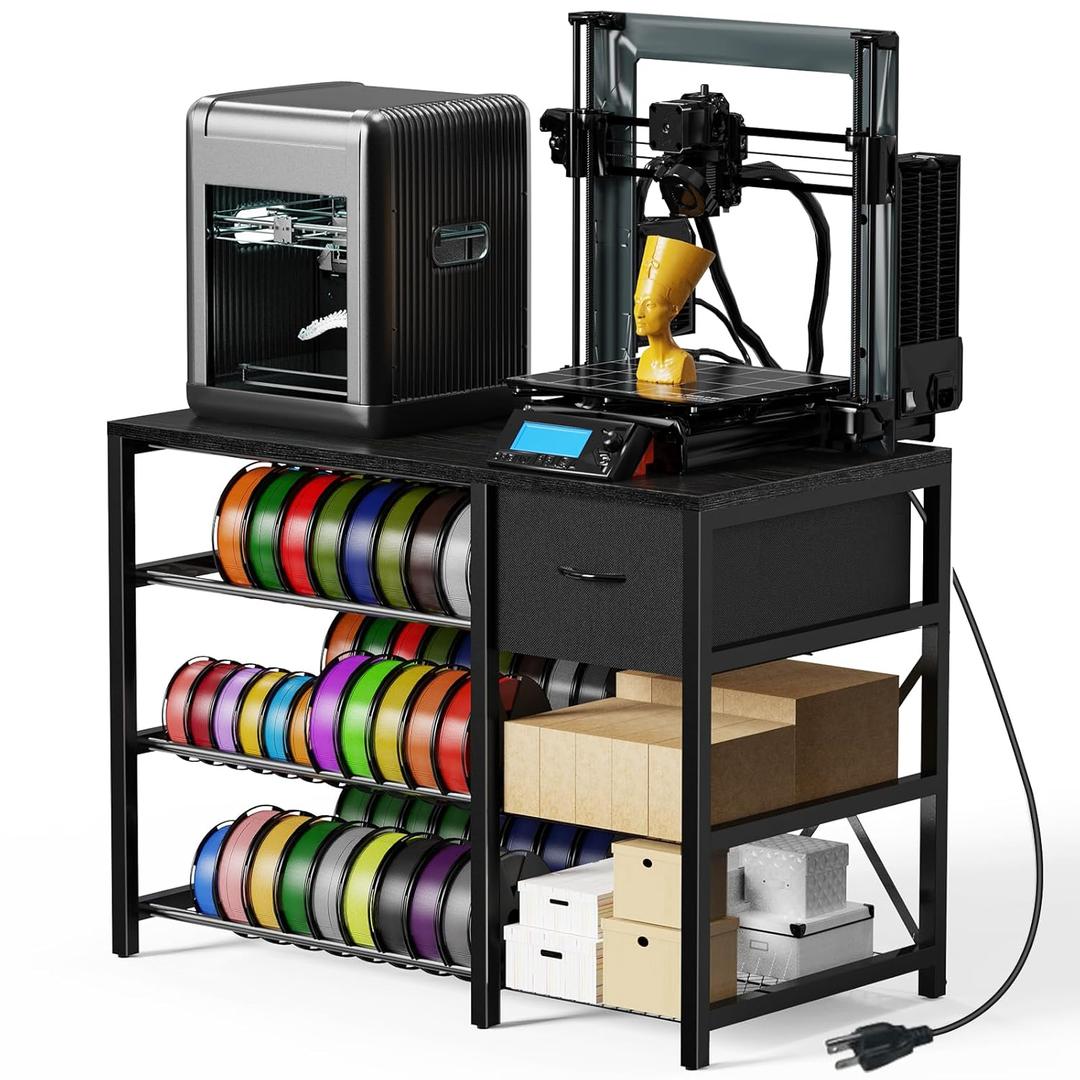 3D Printer Stand with Filament Storage Rack, Black 3D Printer Table with Power Outlet, 3-Tier Filament Holder with Drawer, 3D Printer Filament Stand Organized for Office Workshop Studio