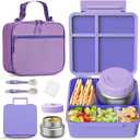 Bento Box for Kids with Thermo Food Container (9oz), 4-Compartment Lunch Box, Adjustable Divider, Leakproof Bento Lunch Box, Includes Utensils & Carry Bag for School, Office(Purple)