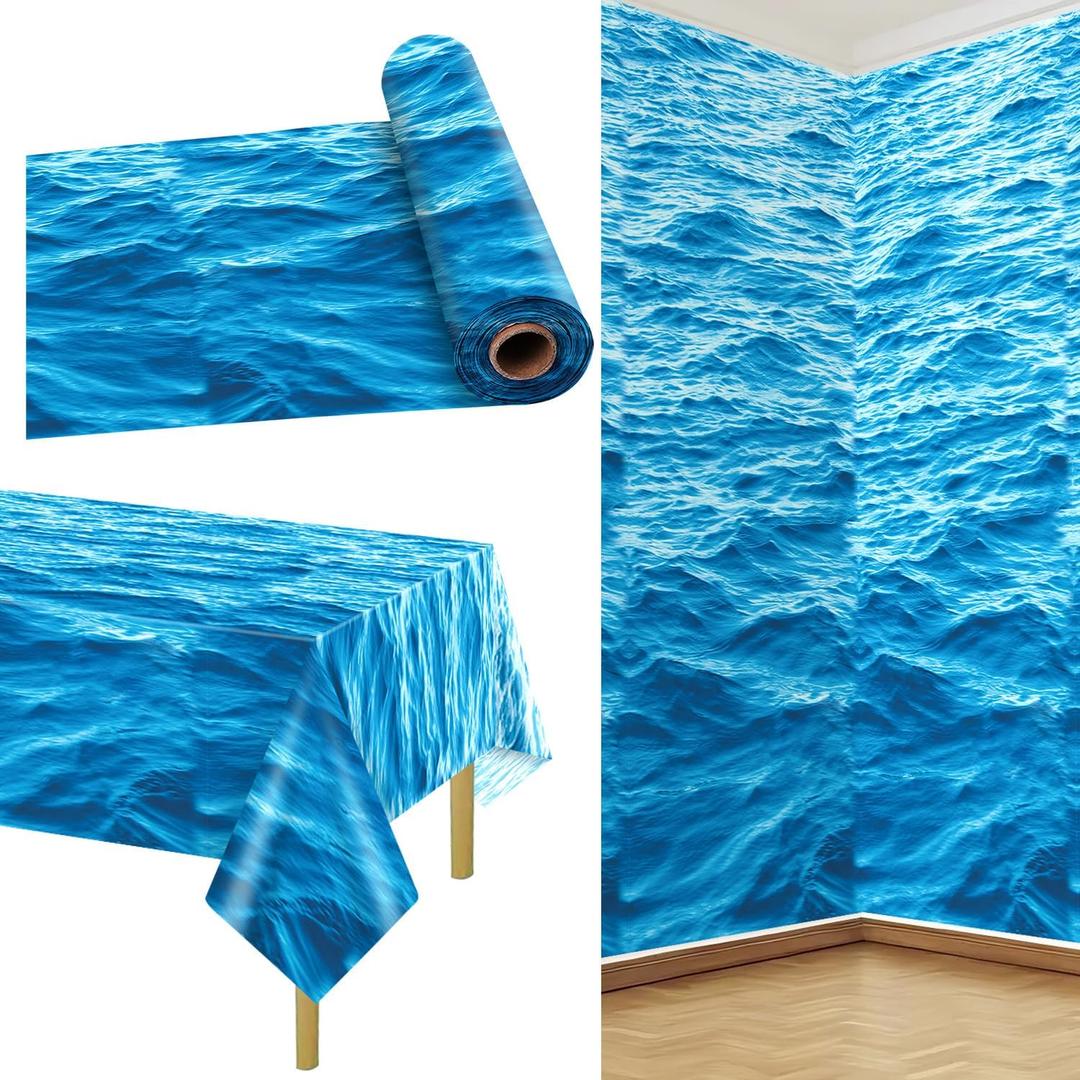Ocean Wave Tablecloth 1 Roll 1200 Inch Under The Ocean Tablecloth Ocean Themed Backdrop Decor for Ocean Under The Sea Mermaid Pool Beach Classroom Birthday Party Decorations