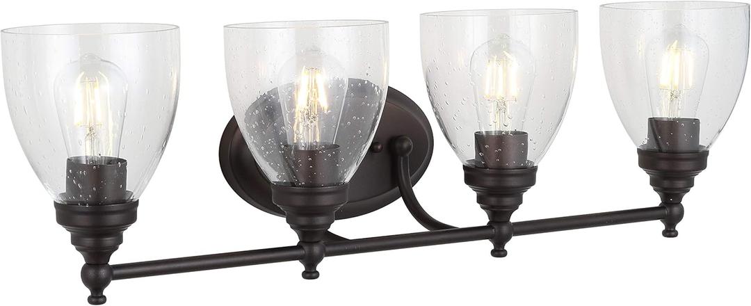 JONATHAN Y 30" Oil Rubbed Bronze LED Vanity Light Wall Sconce, Hardwired for Bathroom, Clear Seeded Glass Shade, Dimmable Mirror Hallway Lighting, LED Bulb Included (JYL7471A)
