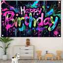 Neon Happy Birthday Banner - 71x43 Photography Backdrops, Party Background Decorations, Colorful Graffiti Splash Paint Kids Birthday Supplies, Glow in The Dark
