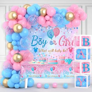 Baby Gender Reveal Party Decorations - Pink Blue Balloon Arch Garland Kits With 4 pcs Balloon Boxes, Backdrop and Tablecloths for Baby Shower, Boy or Girl Gender Reveal Party Ideas Supplies