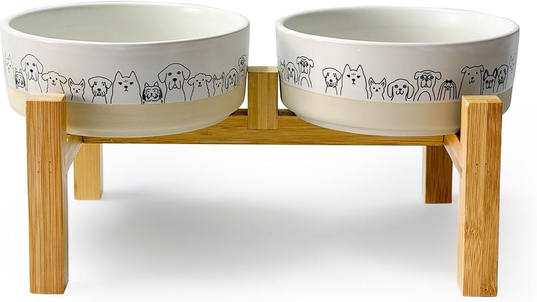 Elevated Ceramic Dog Bowls with Wooden Stand 6.1inch Raised Dog Bowls with Cute Pattern for Small and Medium Breed Dogs,2 Pack Dogs Food and Water Bowl Set,Weighted Pet Dishes Dishwasher Safe