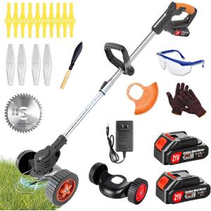 Electric Weed Wacker Cordless Eater Battery Powered, 21V Lightweight Stringless Grass Trimmer/Edger/Brush Cutter, 3 in 1 Weed Trimmer with 2 Battery Operated and Wheels for Yard and Garden