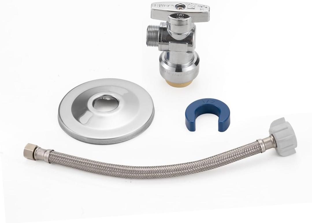 (1 kit) Toilet Connector, Toilet Water Supply Line Kit With 1/4 turn 1/2 inch Angle Push Fit Stop & 12" Stainless Steel Flexible Toilet Supply Line