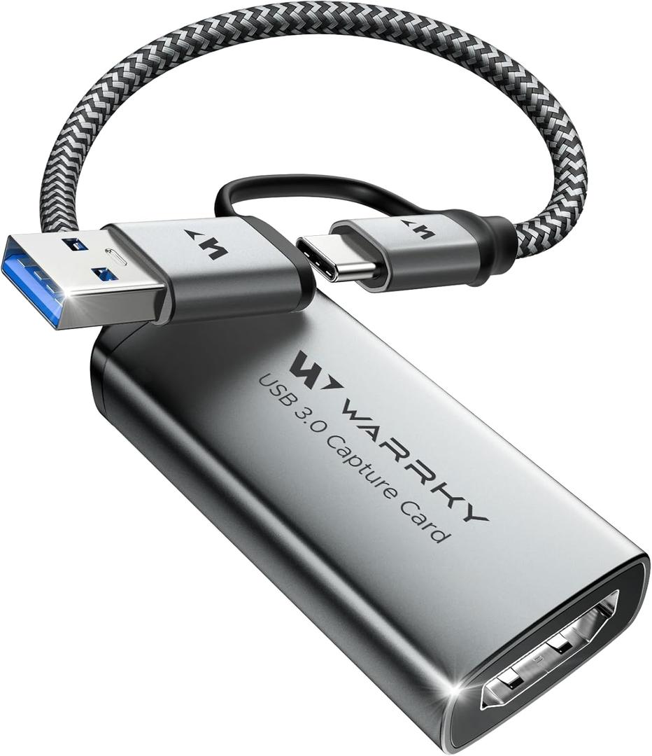 WARRKY Video Capture Card, USB 3.0 HDMI Capture Card 1080P 60FPS with Type-C Adapter, USB C Capture Card for Streaming [Nylon Braided Cable, Aluminum Shell] Compatible with Windows, MacOS, Switch, OBS (Grey)