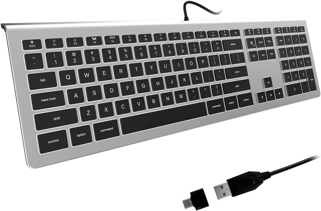 Backlit Wired USB Keyboard, Comfortable Quiet, Low Profile Flat Chocolate/Scissor Keys, Durable Ultra-Slim for MacBook Pro/Air, iMac, Mac mini , Laptop - Silver Grey