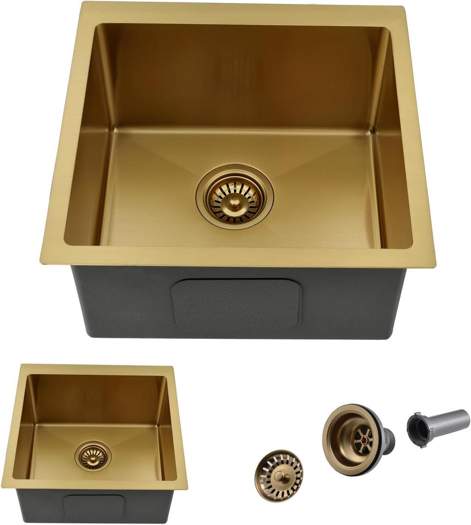 15 Inch Gold Undermount Bar Sink, 15x15 Bar Sink Undermount Gold Small Wet Bar 18 Gauge Single Bowl Stainless Steel Kitchen Sinks with Basket Strainer