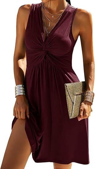 Veatzaer Women's V Neck Front Knotted Sleeveless Tank Dress Summer Solid Casual A Line Dress (Wine Red, Large)