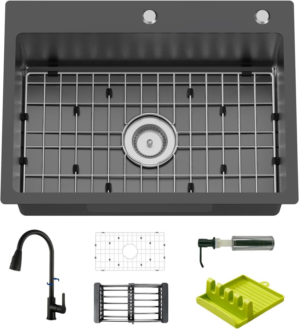 Black Kitchen And Bar Sink With Faucet-25x18 Inch Stainless Steel Drop In Modern Single Bowl Topmount Bar Sink With Faucet,SS Grid,Spoon Rest,Drain Strainer Set Compatibility With Various Kitchen