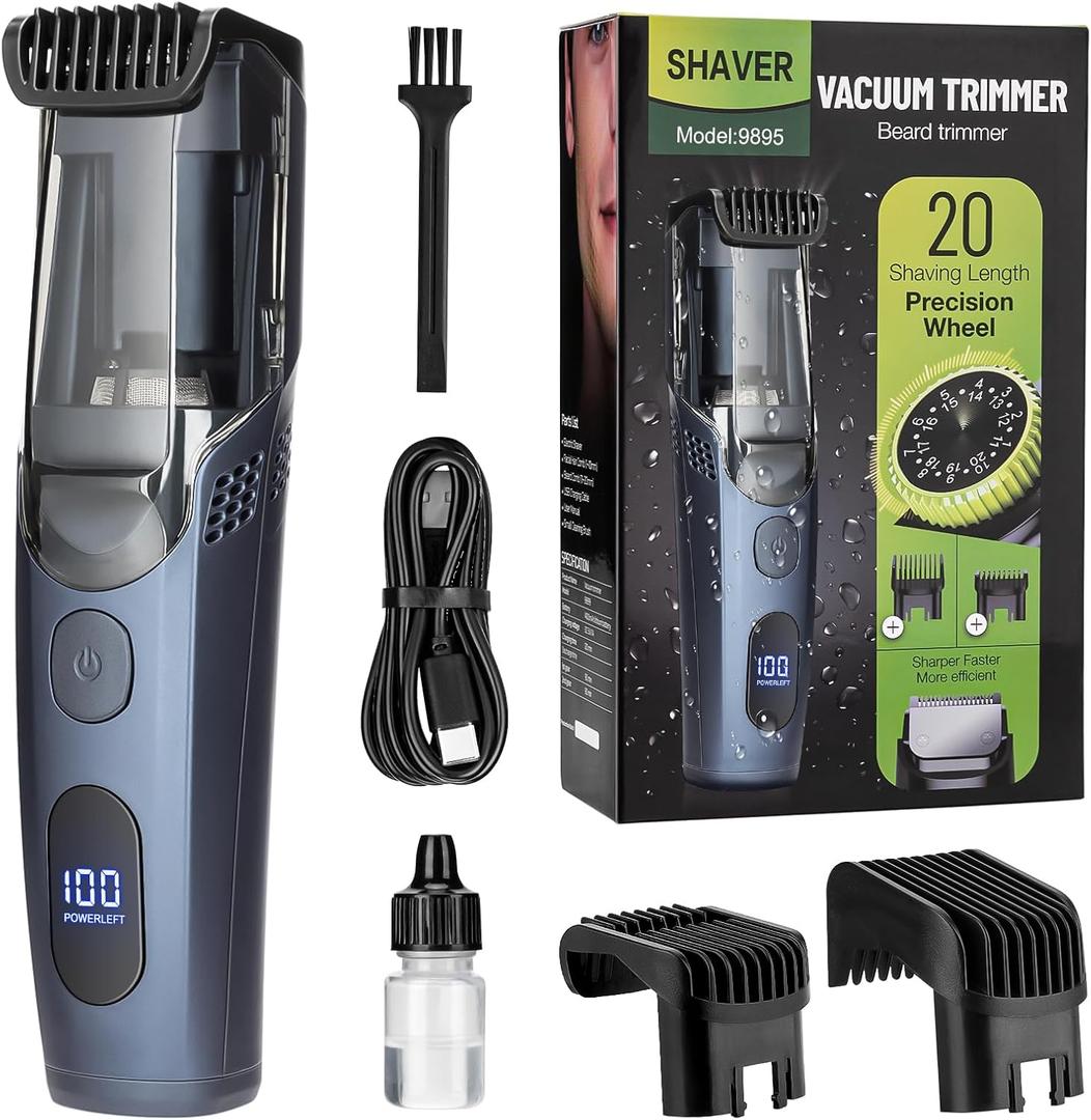 Vacuum Beard Trimmer for Men with 20 Length and Styles Adjustable, Built-in Vacuum Trimmer for Mustache, Sideburns, Facial Hair, Rechargeable Mustache Trimmer