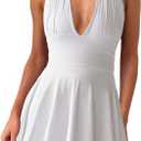 Women's Halter Deep V Neck A-line Mini Dress Ruched Waist Short Party Dresses (White), XL