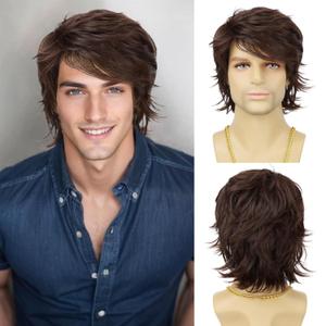 Mens Wig Short Brown Layered Heat Resistant Synthetic Wigs for Male Daily Party Cosplay Costume Halloween Use (Dark Brown)
