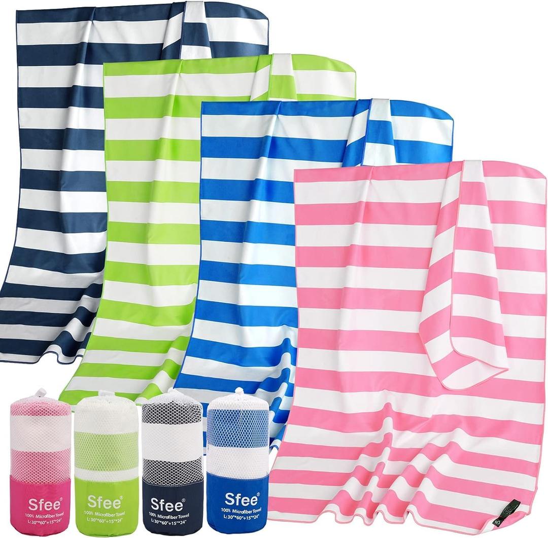 Sfee 2 in 1 Microfiber Beach Towel, Quick Dry Towel Camping Towel Travel Towel Super Absorbent Compact Lightweight Sports Gym Towels Set for Beach, Gym, Hiking, Pool, Backpacking, Bath, Yoga (Pink Stripe)