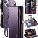 Defencase Compatible with iPhone 13 Case Wallet with RFID Blocking Card Holder for Women and Men, Fashion PU Leather Magnetic Snap Flip Zipper Strap Wallet Phone Case Fit for iPhone 13 6.1", Purple