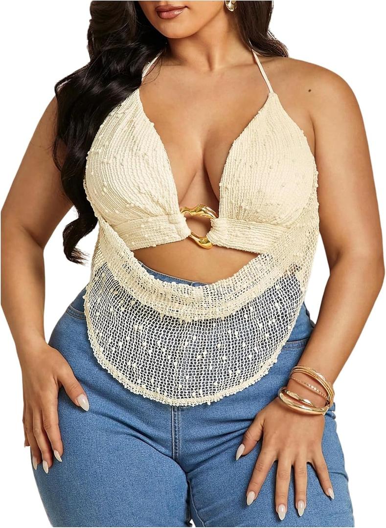 Women's Plus Size Textured Halter Top Metal Ring Open Back Sleeveless Y2K Party Tops Clubwear (Beige, XXXL)