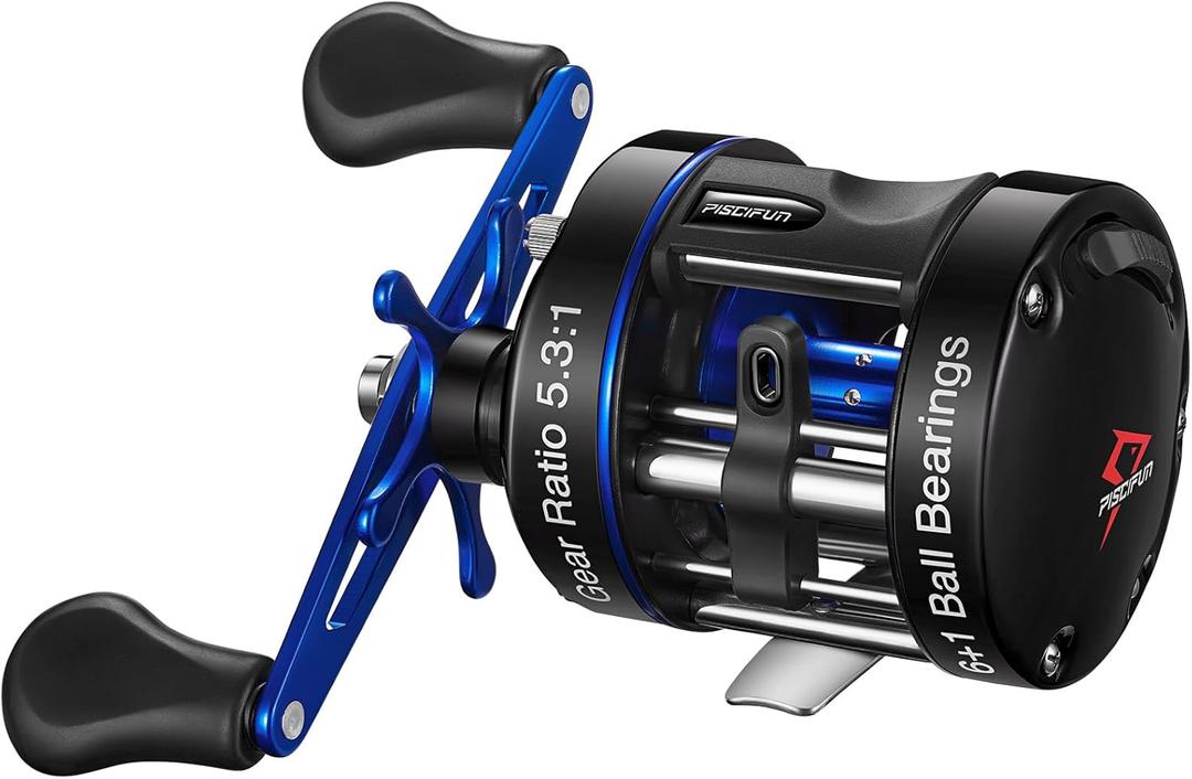 Piscifun Chaos XS Baitcasting Fishing Reel, Reinforced Metal Body Round Baitcaster Reel, Smooth Powerful Saltwater Inshore Surf Trolling Reel, Conventional Reel for Catfish, Musky, Bass, Pike (Blue)