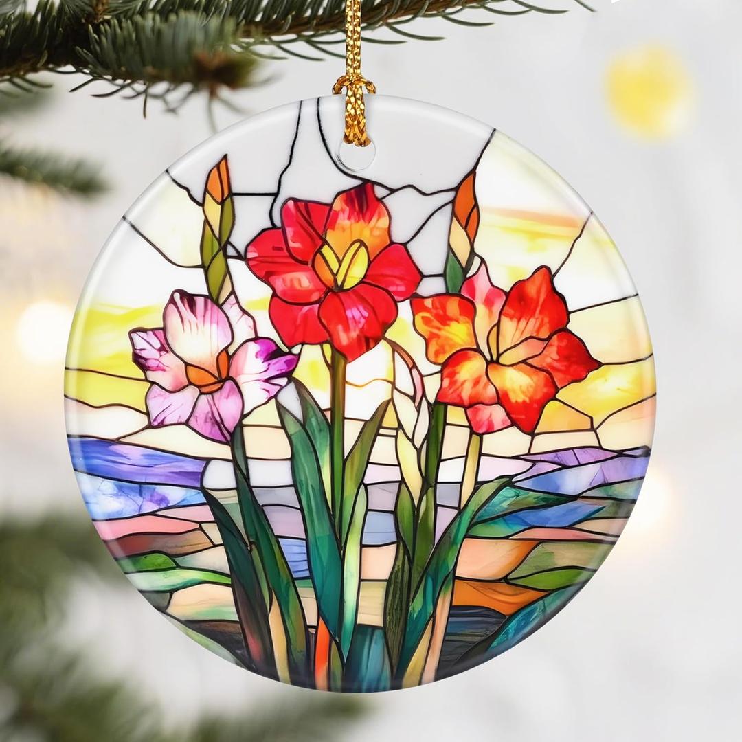 Christmas Ornaments, 2.8in Ceramic Birth Flower Ornament, Xmas Decor, Christmas Tree Ornaments, Xmas Decorations for Tree, Holiday Ornament, Birth Flower Gifts, Gift Ideas, Gifts for Women - Aug