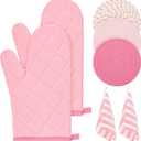 Zubebe Oven Mitts and Pot Holders with Kitchen Towels Set of 7, Valentine Gift for Women Heat Resistant Oven Gloves Hot Pads Kitchen Hand Towels for Cooking Baking(Pink)