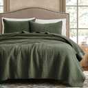 WDCOZY 100% Cotton King Size Quilt Set - Olive Green Striped Pick Stitch Soft Lightweight Bedspread, Textured Like Linen, Farmhouse Country Rustic Coverlet, Shabby Chic Gauze Bedding, 3 Pieces (King (106"x96"))