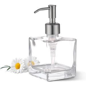 Square Bathroom Soap Dispenser, Brushed Nickel, Glass Bottle, Stainless Steel Pump, Kitchen Hand Soap Dispenser (1-Pack)