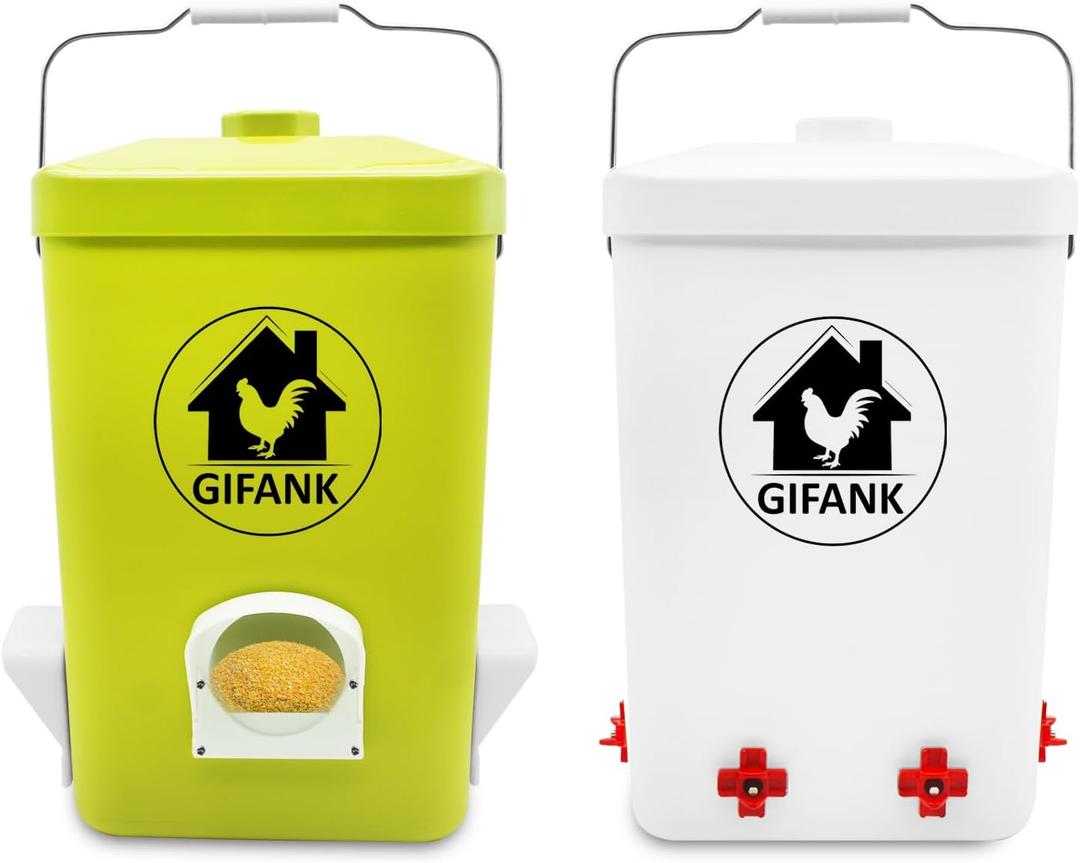 Chicken Feeder and Waterer Set,3 Gallon Automatic Chicken Feeder No Waste, Hanging Poultry Waterer Feeder Kit with Chicken Waterer Nipples and Feeding Ports, Chicken Coop Accessories (13.65x9.751in, White)