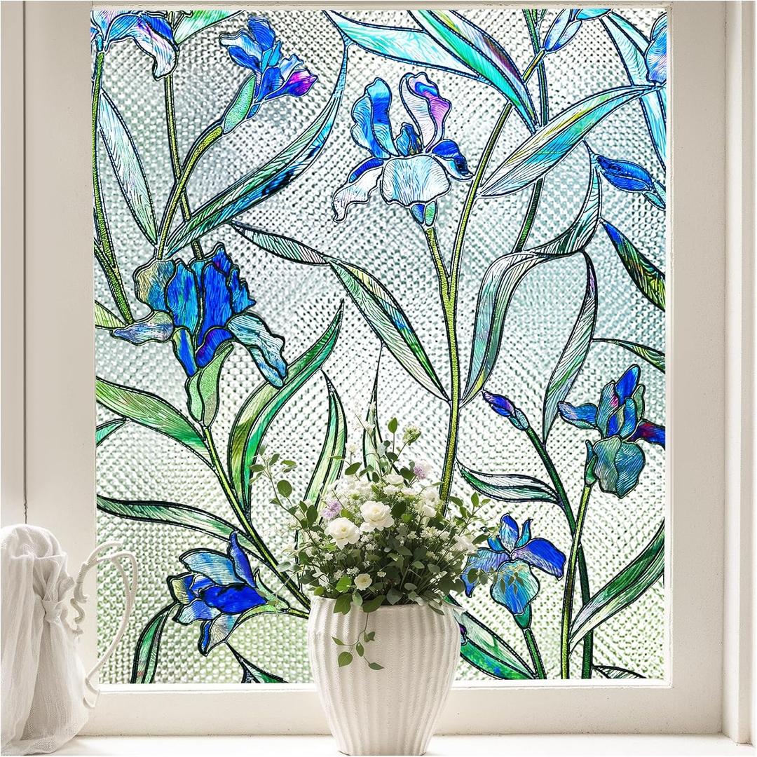 Stained Glass Window Privacy Film, 3D Decorative Window Cling, UV & Heat Blocking Floral Windows Cover, Static Cling No Adhesive Reusable Design for Home, Blue, 23.6" x 78.7"