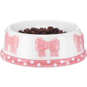 Reallnaive Pink Bow Ceramic Bowl for Small Dog and Cat Cute Bowtie Pet Bowl for Food Water Macaron Pink Dish Pets Feeding Bowls Suitable for Small Cat Dogs(1 Pcs)