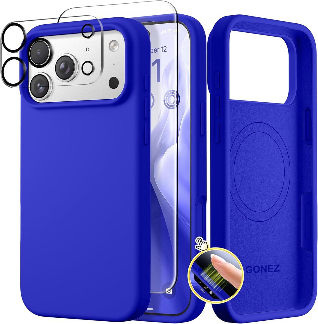 GONEZ Magnetic for iPhone 17 Pro Case, Compatible with MagSafe, [Screen Protector + Camera Lens Protector], Liquid Silicone Anti-Scratch Shockproof Protective Phone Case 6.3 inch, Cobalt Blue