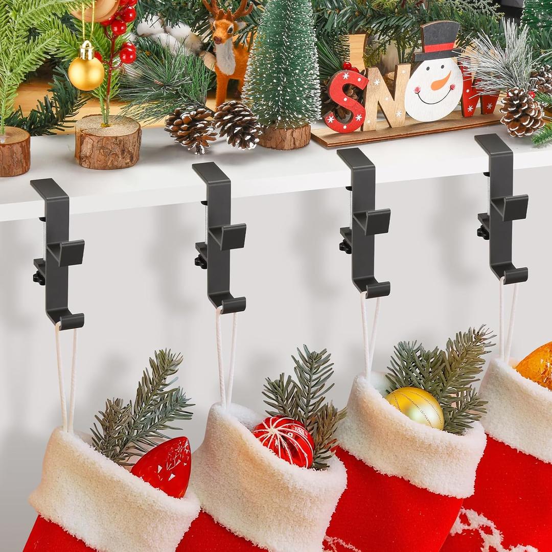 4 Pack Christmas Stocking and Garland Holders with 2 Hooks, Mantle Garland Holder for Hanging Christmas Stockings, Adjustable Fireplace Garland Holder & Stocking Hanger, Max 2.1" Thick Mantle - Black