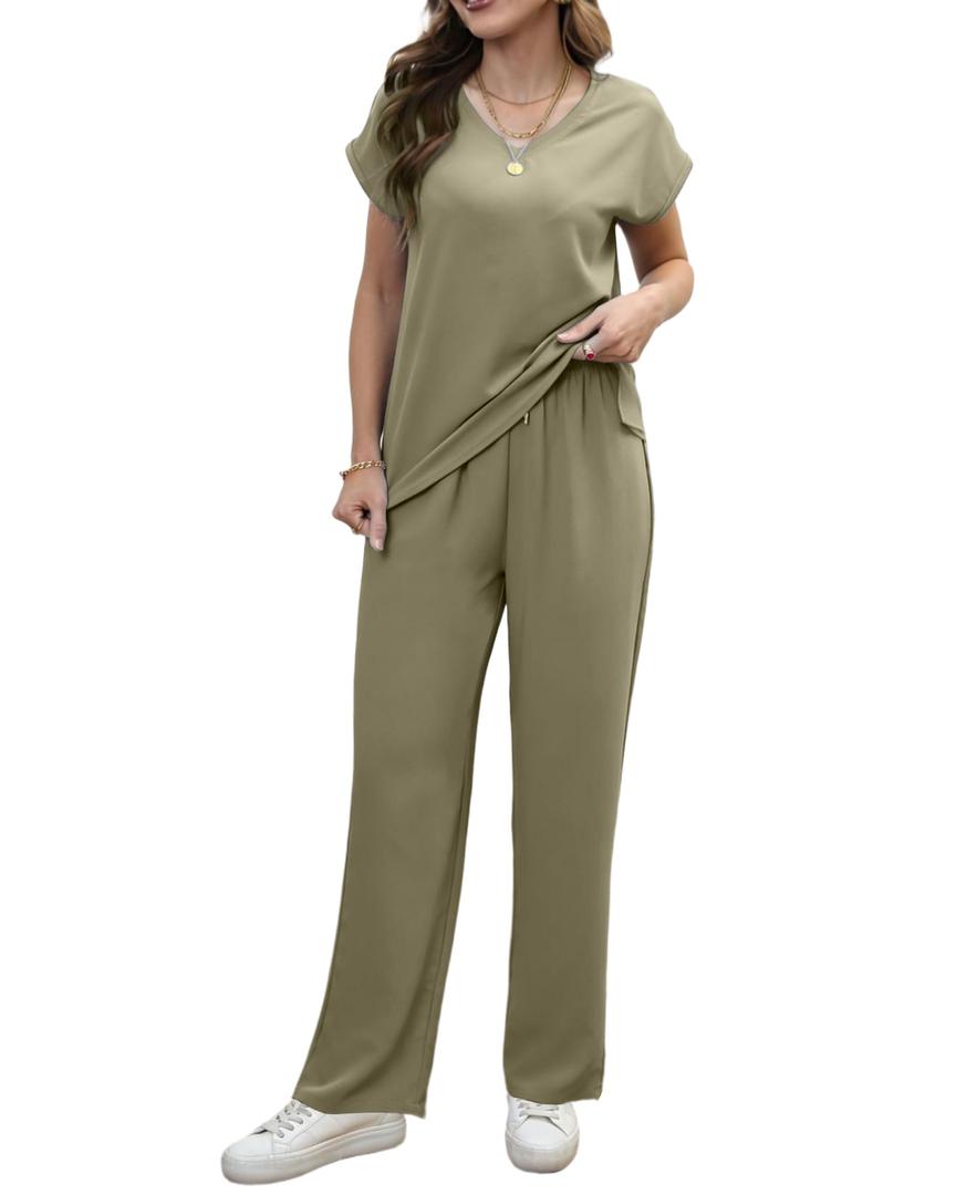 CAENP Women's Casual 2-Piece Set - Wide-Leg Pants & Batwing Sleeves Gray-green M (M)