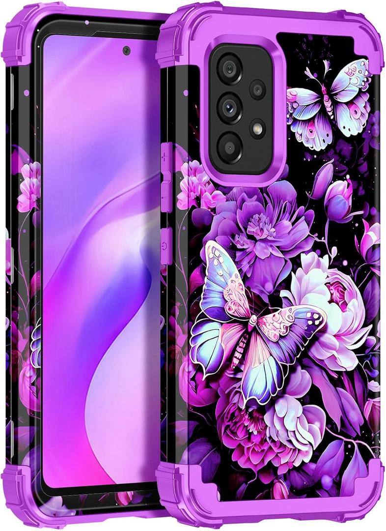 Miqala for Galaxy A53 5G Case,Glow in The Dark Three Layer Heavy Duty Shockproof Full Protection Hard Plastic Bumper+Soft Silicone Protective Case for Samsung Galaxy A53 5G,Light Purple Butterfly