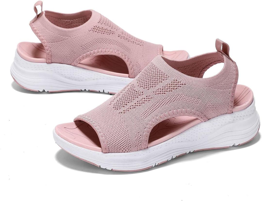 Womens Comfortable Orthopedic Sandals Arch Support Ladies Walking Sport Athletic Sandals Open Toe Slip On Plantar Fasciitis Platform Dress Sandal 2 Inches Heel (Pink), EU 38 Size