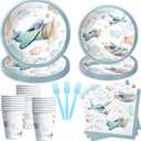 Airplane Birthday Party Supplies - Airplane Decorations Tableware, Paper Plate, Cup, Napkin, Fork, Baby Shower Dinnerware | Serve 24
