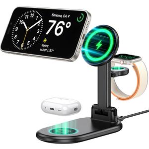 Magnetic Wireless Charger Mag-Safe 3 in 1 Charging Station,15W Max Foldable Wireless Charging Stand for iPhone 16/15/14/13/12, Fast Travel Charger for Multiple Devices iWatch Airpods (Black)