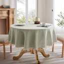 Linen Tablecloth with Tassels, Farmhouse Style Green Tablecloth, Water Resistant Burlap Tablecloths for Round Table, 60 Inch Round Green