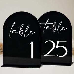 Black Arch Acrylic Table Numbers with Stands 1-25, 5x7" Black Arched Acrylic Sign and Base, Arch Table Numbers for Wedding Reception