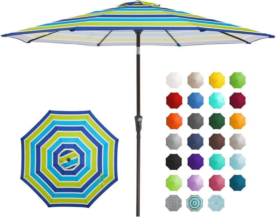 JEAREY 9FT Outdoor Patio Umbrella Outdoor Table Umbrella with Push Button Tilt and Crank, Market Umbrella 8 Sturdy Ribs UV Protection Waterproof for Garden, Deck, Backyard, Pool (Blue-Green Stripe)