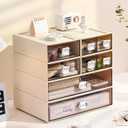 Spacious Desktop Storage Box, 1 Large 1 Middle & 2 Small Storage Drawers, Stackable Office Desk Drawer Organizer and Accessories, Printer Paper Organizer, Cream Plastic Drawers for Workspace