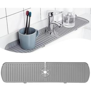 24 Inch Faucet Mat for Kitchen Sink  Silicone Draining Mat for Kitchen Sink and Bathroom  5Slope Fast Self-draining Kitchen Sink Splash Guard  Gray