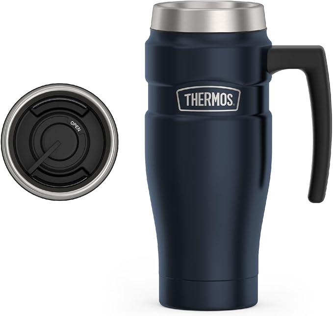 THERMOS Stainless King VacuumInsulated Travel Mug with Handle  16oz, Midnight Blue  Thermos Tumbler for Hot & Cold Drinks  Leak & SweatProof Stainless Steel Coffee Mug with Lid for Commuting