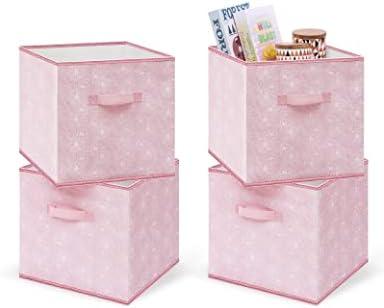 MYTHAUS Collapsible Storage Cube Bins - Fabric Cubby Organizer,Flower Decorative Shelf Basket Dual Handles,13 Inch Rosegold Box For Nursery/Home Office/Closet/Kids Room/4-Pack(Blush Pink)